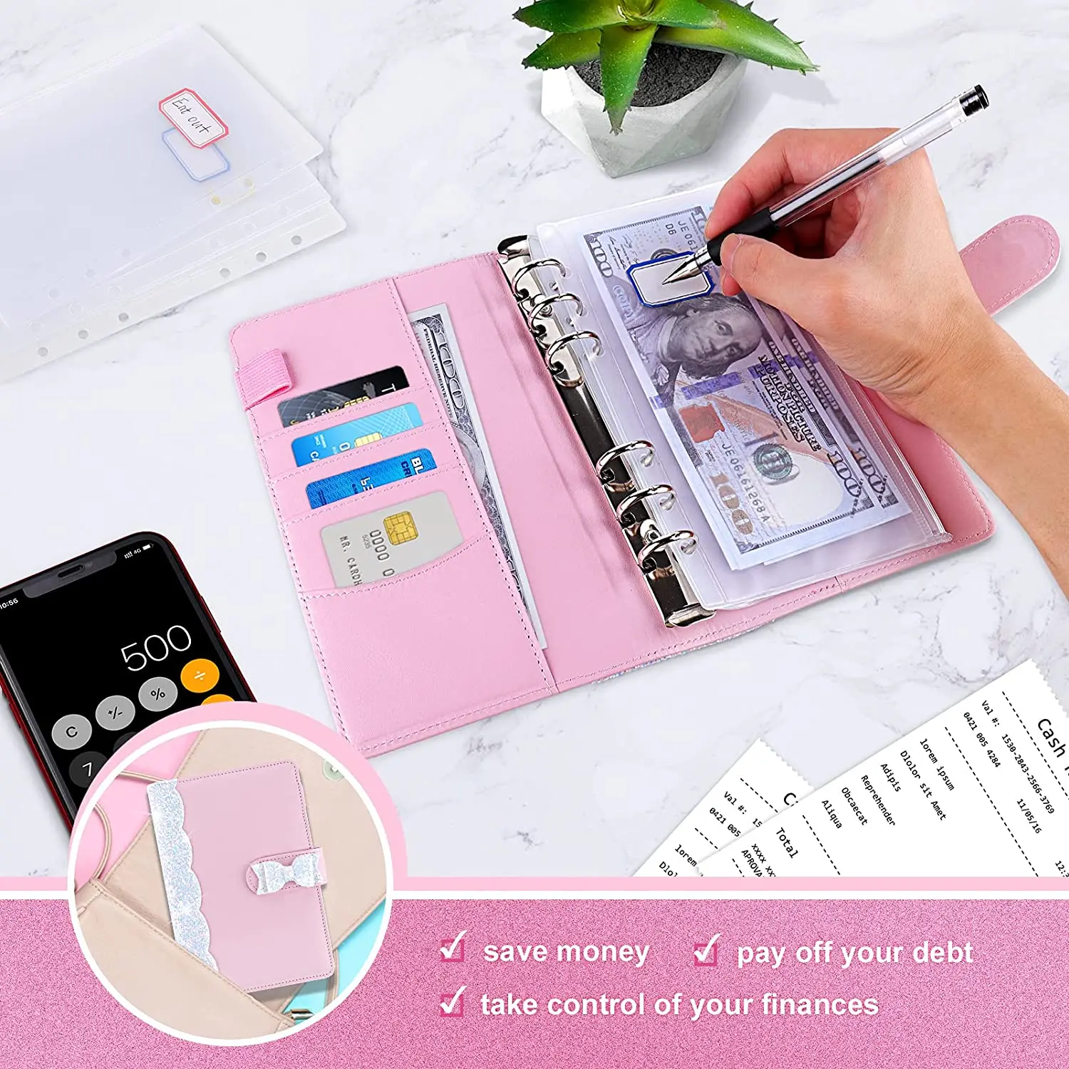 

14 Pieces A6 PU Leather 6-Ring Money Saving Binder Cash Envelopes for Budgeting, with Binder Zipper Pockets,Self-adhesive Labels