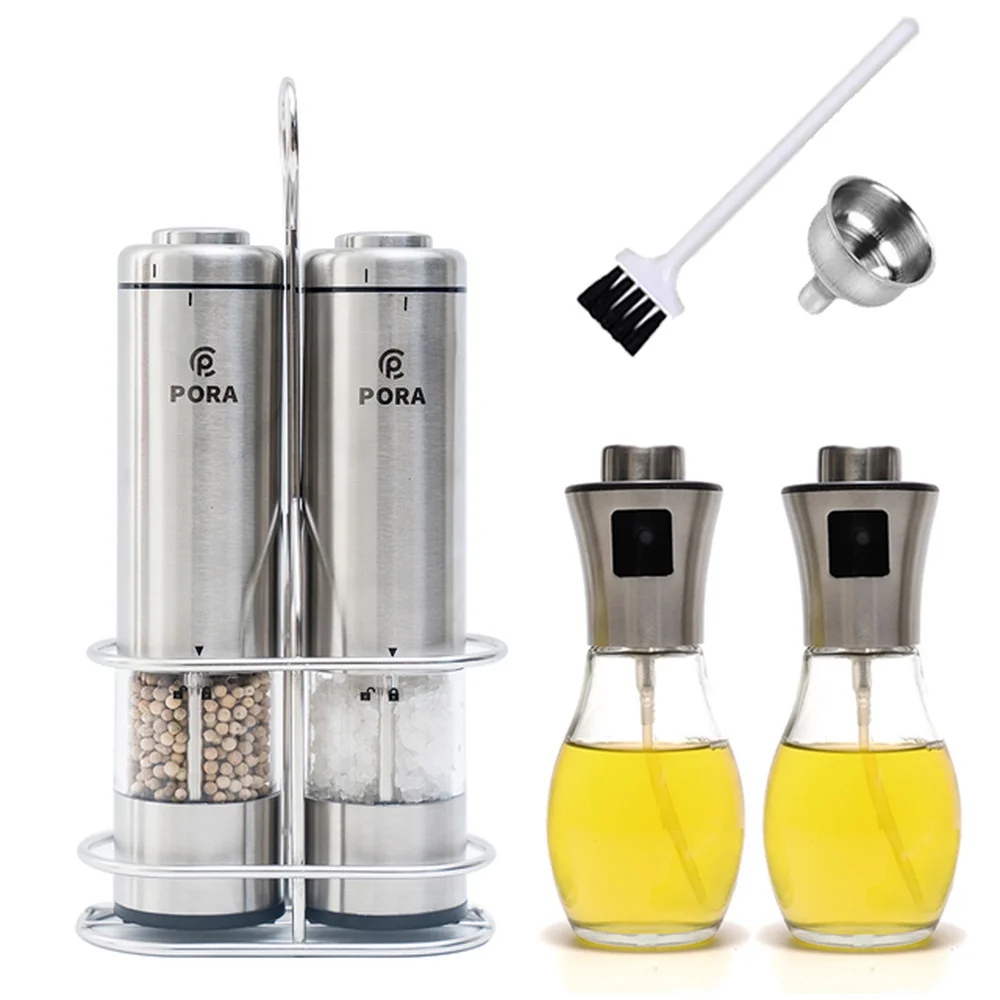 

Stainless Steel Pepper Mill Electric Salt and Pepper Grinder Set, Metal Stand,Olive Oil Spray Bottle Set,Cooking Kitchen Tools