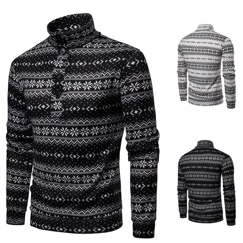Мужской свитер с принтом снега теплый трикотажный длинным рукавом и высоким