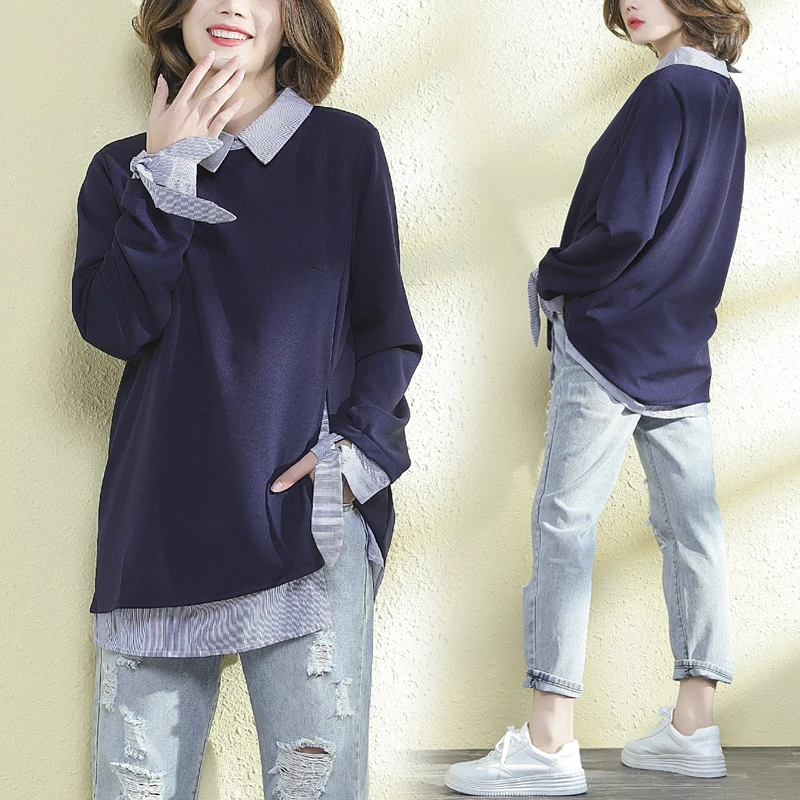 

2019 New Spring autumn women's long sleeves stripe patchwork fake two-piece sweatshirt loose bottoming top cc1794