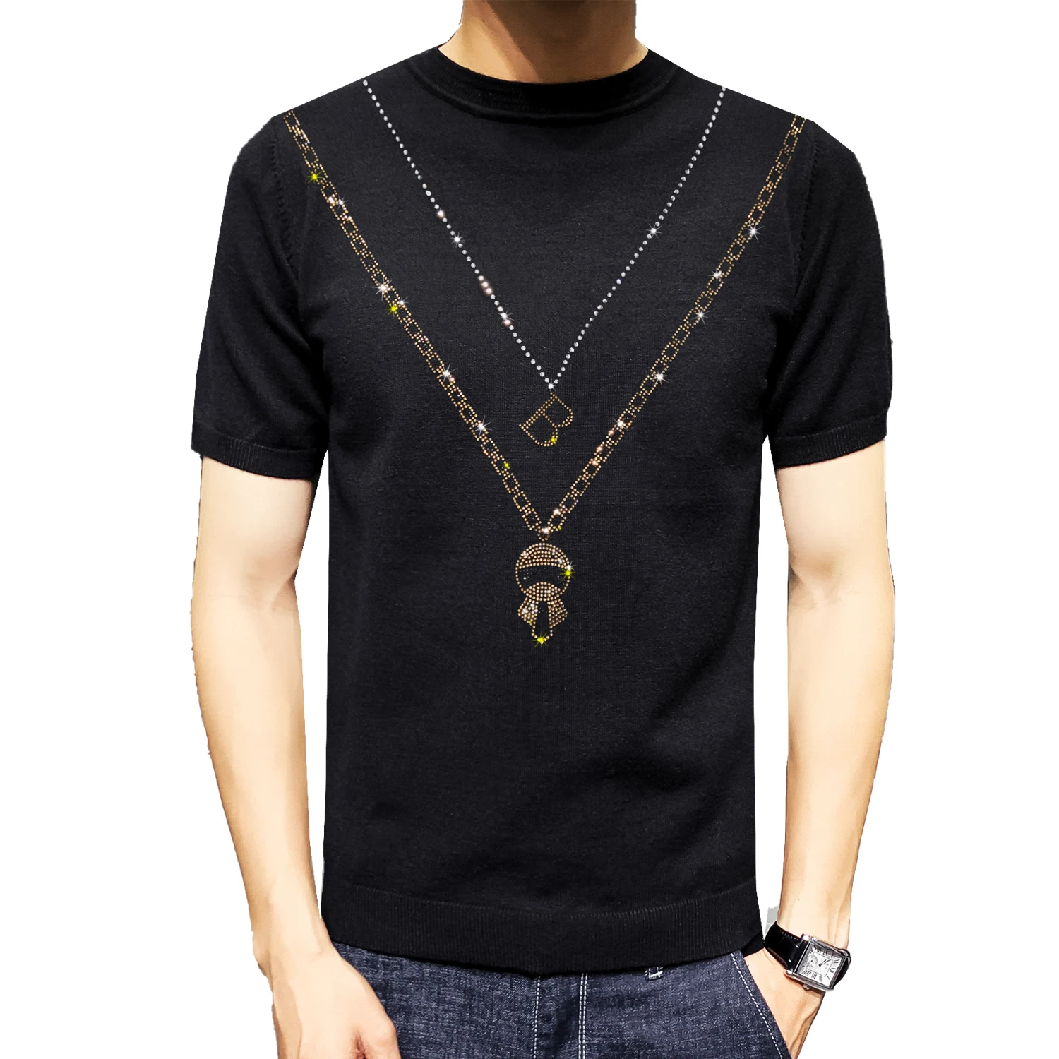 

2021 summer new necklace fashion slim fit letter hot Diamond Men's trendy round neck short sleeve T-shirt