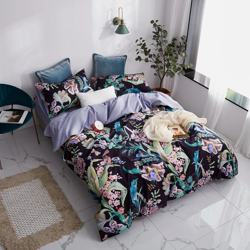 Black floral bedding set Egyptian cotton fabric pillowcases flower print pastoral bed linen duvet cover queen king size | Дом и сад