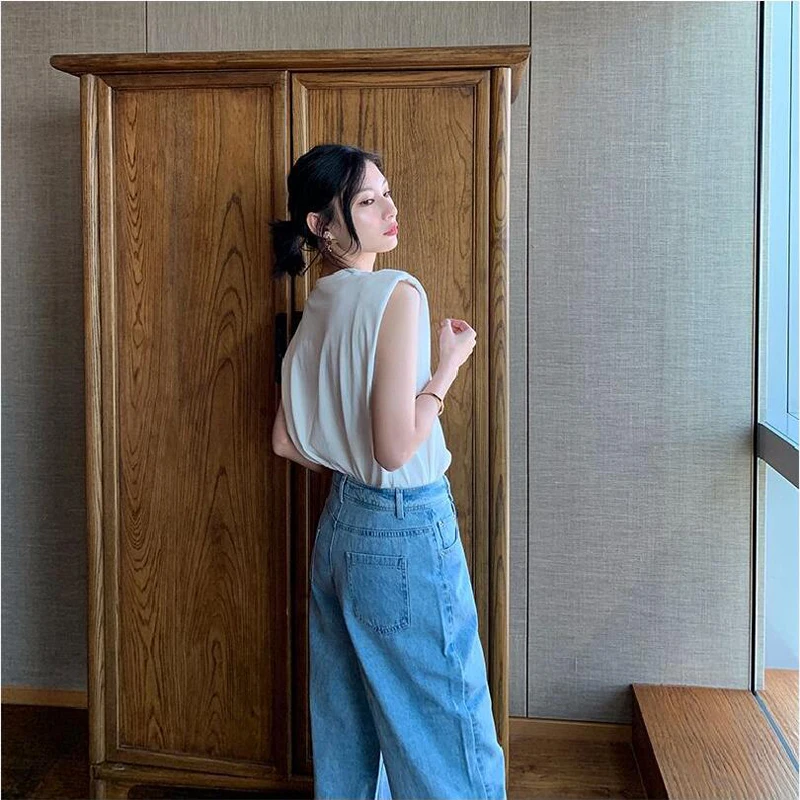 

Summer women's T-shirt casual solid color round neck sleeveless loose T-shirt