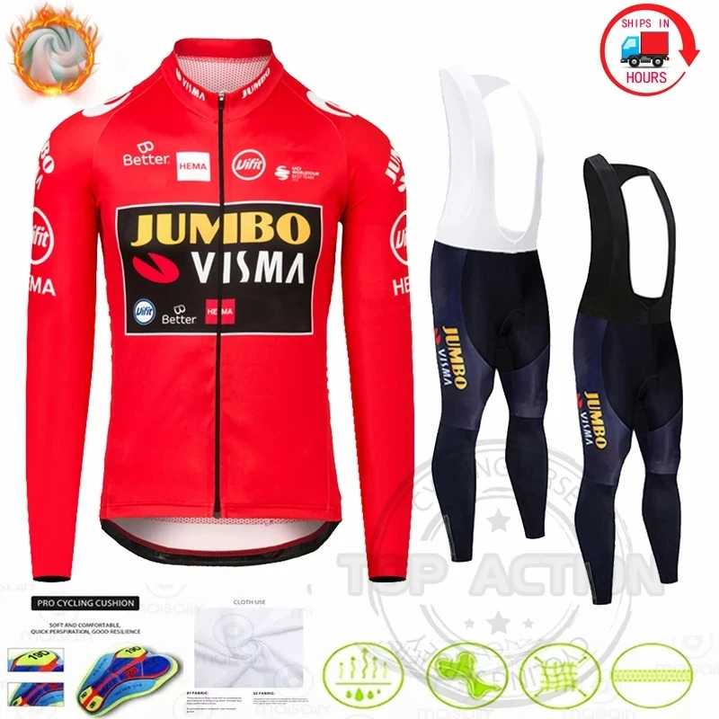 

2021 New Men's Cycling Jersey JUMBO VISMA Jersey Suit Long Sleeve Jacket Competition Uniform Winter Warm Fleece Cycling Jersey