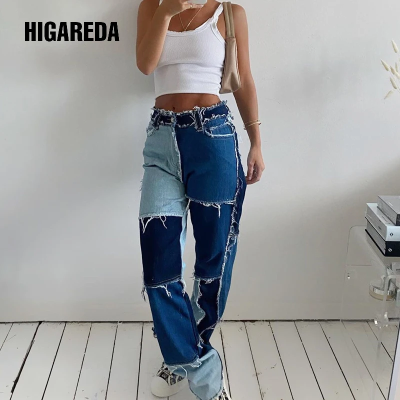 

HIGAREDA Y2K High Waisted Jeans Women Casual Long Trouses Ladies Patchwork Fashion Denim Pants Capris Pocket Streetwear 2020