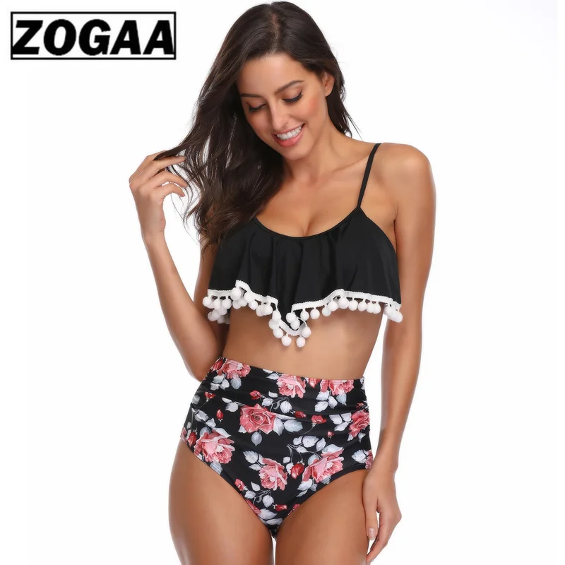 Женское бикини с высокой талией ZOGGA однотонный топ цветочным принтом и
