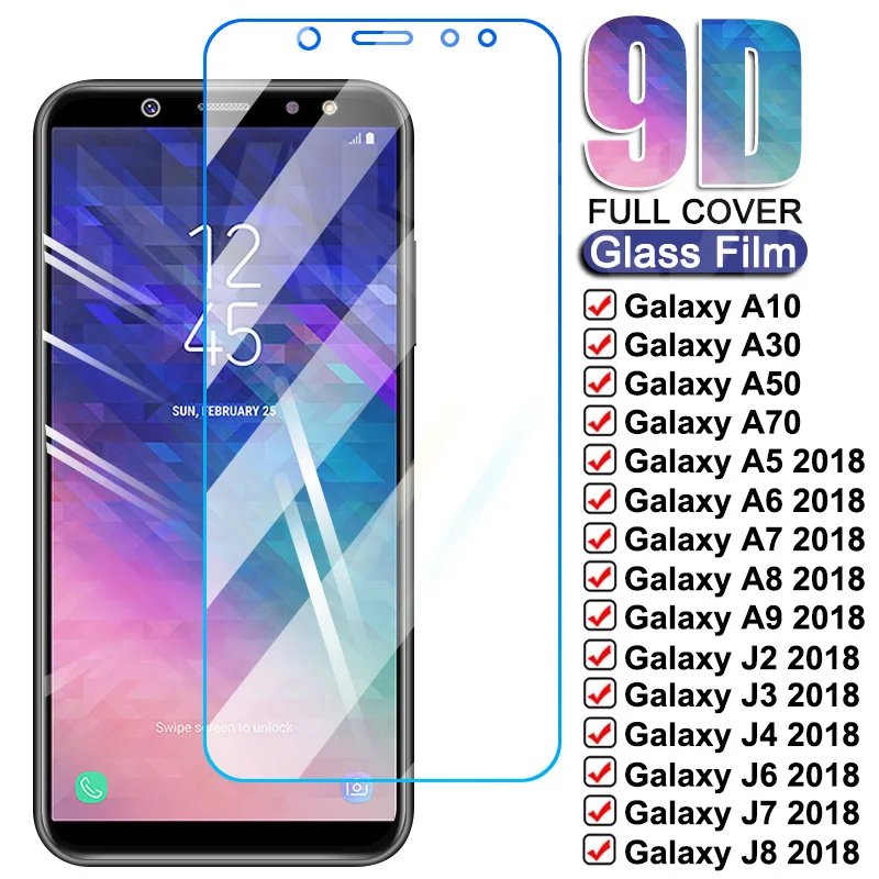 9D Tempered Glass For Samsung Galaxy A5 A7 A9 J2 J3 J7 J8 2018 Glass A6 A8 J4 J6 Plus 2018 A10 A30 A50 A70 Screen Glass Film