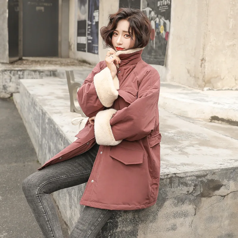 

Winter New Korean Style Lapel Stitching Rabbit Fur Coat Women Thickening And Velvet Fashion Parker Tooling Coat Women