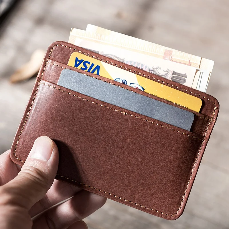 Винтажный кожаный держатель для кредитных карт с RFID-защитой для мужчин и женщин, многофункциональный тонкий мужской кошелек - изображение
