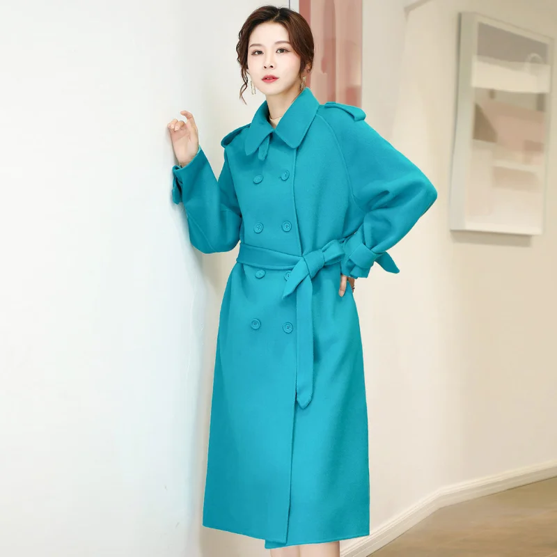 

Woman Solid Blends Coat with Belt Overcoat Female Winter New Turn-down Collar Long Coat Ladies Double Breasted Clothing A260