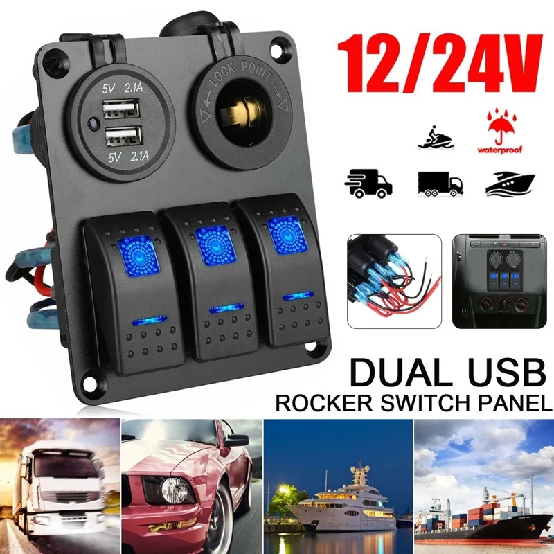 

3 Gang Waterproof Digital Rocker Toggle Switch Panel 3.1A Dual USB Slot Socket with Fuse Voltage Display Marine 12-24V