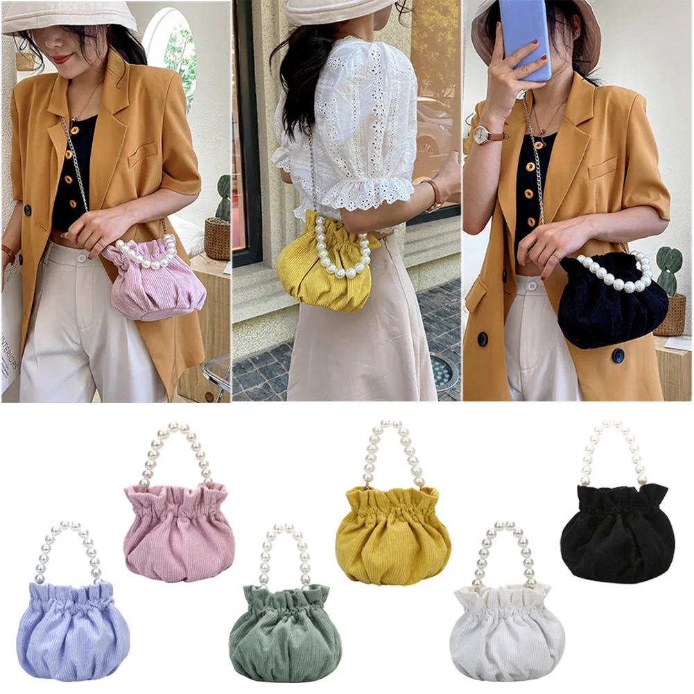 

Women Pearl Bucket Bag Portable Handle Girls Corduroy Shoulder Messenger Handbag Popular Simple Female Daily Bag