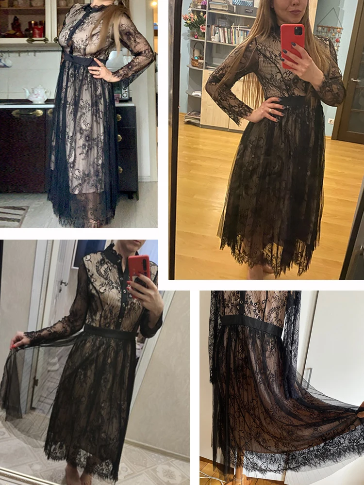 Женское кружевное платье до середины икры с цветочным принтом и высокой талией |