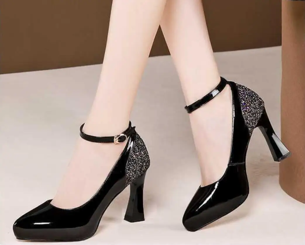 2021 autumn new ladies dress shoes high heels women's leather shoes thick heel pumps paint fashion toe black dark red wine