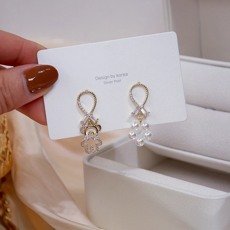 

New Trendy 14K Real Gold Plated Little Bear Pearl Drop Earrings for Women Asymmetry Jewelry AAA Zircon S925 Silver Needle Gift