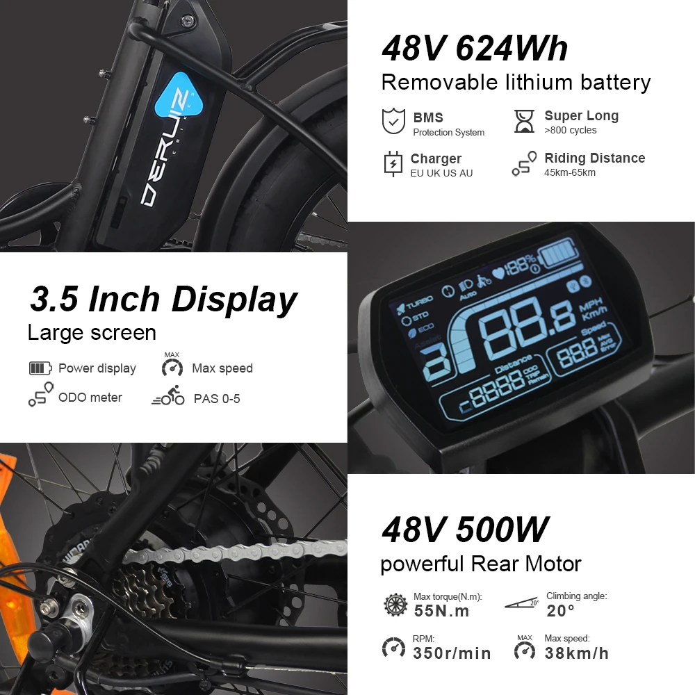 DERUIZ Янтарный электровелосипед складной 20 дюймов Снежный велосипед 48 в 500 Вт 624WH