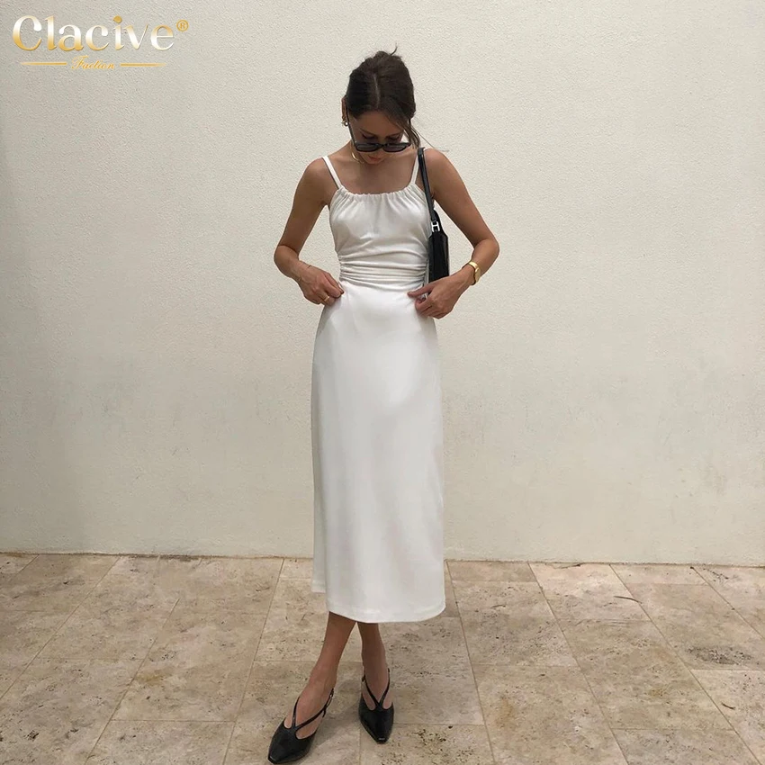 

Clacive Sexy Sleeveless White Satin Women'S Dress Summer Bodycon Lace-Up Backless Midi Dresses Elegant Club Female Clothing 2022