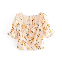 women sweet french style square collar puff sleeve short blouse summer vintage back zipper elastic lemon print lady shirts tops