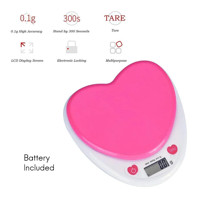 

3 Kg/0.1G Portable Heart Shape Digital Kitchen Scale LCD Monitor Auto Zero for Measuring Weight Food Water Powder