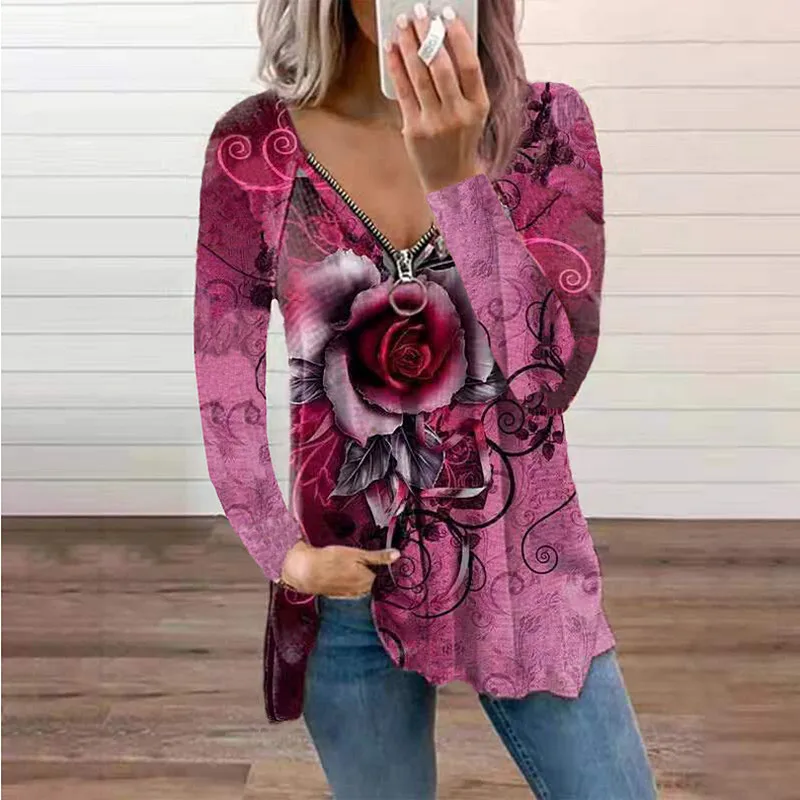 

Summer Women T Shirts Rose Printed Zipper V Neck Long Sleeve Loose Pullover Tees Casual Lady Tops Fashion Blouse Plus Size