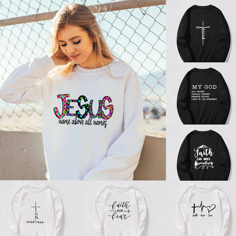 

Harajuku Female Tops Sweatshirts Clothing Jesus Print Women Sweatshirt Faith Over Fear Streetwear Winter O-neck Pullovers