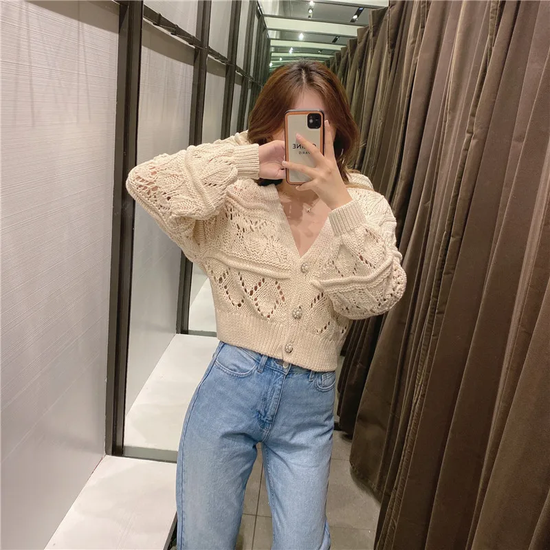 

TMODA995 Single Breasted V-Neck Cardigan 2021 Casual Vintage Hollow Out Sweaters Women Knitted Sweaters Women Puff Sleeve Tops