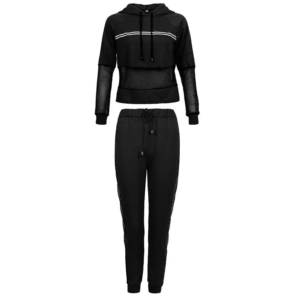 Women Autumn Winter 2 Pcs Running Suits Hooded Mesh Patchwork Pullovers Long Pants Keep Warm Sexy Sports Suits Fitness Jogging - Цвет: Черный
