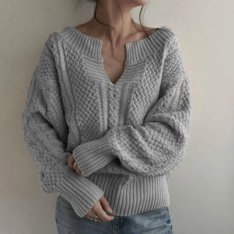 Женский Зимний вязаный свитер, Женский Осенний сексуальный Повседневный свободный Однотонный пуловер с v-образным вырезом, трикотаж, топы OL, джемпер pull femme