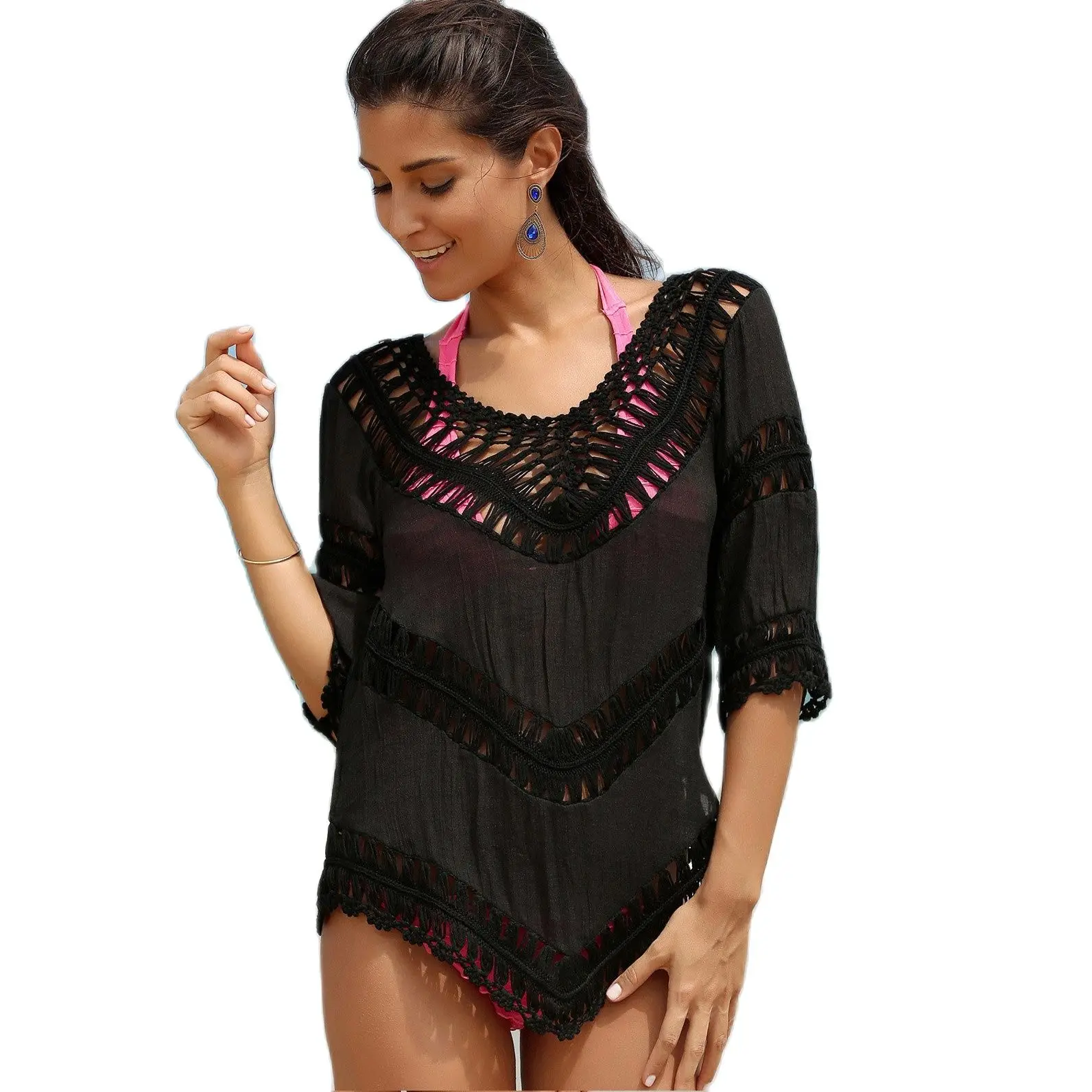 

Women Bikini Beach Swimsuit Cover Ups Summer Resort Beach Wear Crochet Hollow Sunscreen Blouse Swimwear Bathing Suit Beachwear