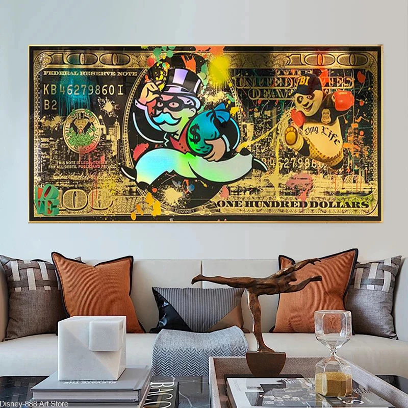 

Cartoon Monopoly Rich Man Money Poster Running with A Bag Money Canvas Painting Funny Graffiti Wall Picture Print Home Decor