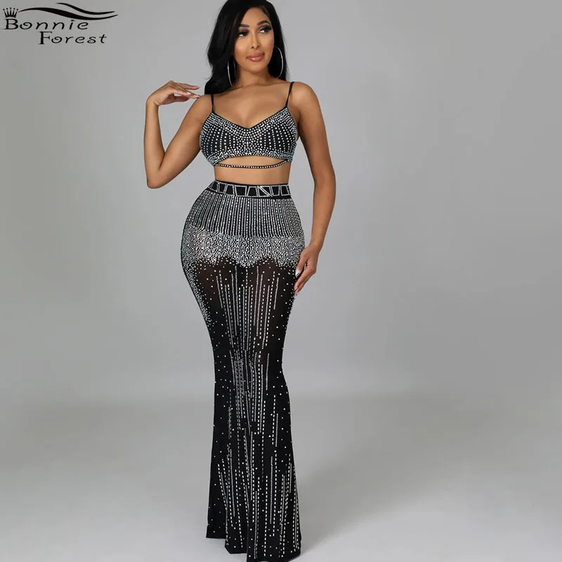 

Bonnie Forest Sparkle Rhinestone Studded Crop Top And Maxi Skirt Two-Piece Set Glam Sheer Mesh Crystal Set Party Club Outfits