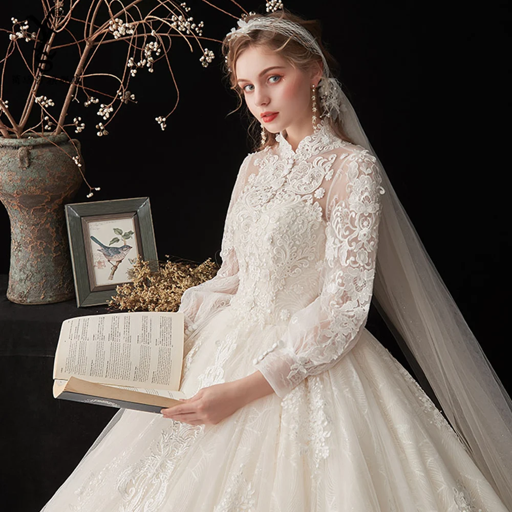 

GY High Neck Long Sleeve Pearls Flowers All Over Appliques Lace Princess Ball Gown Wedding Dresses Plus Size Robe De Mariage