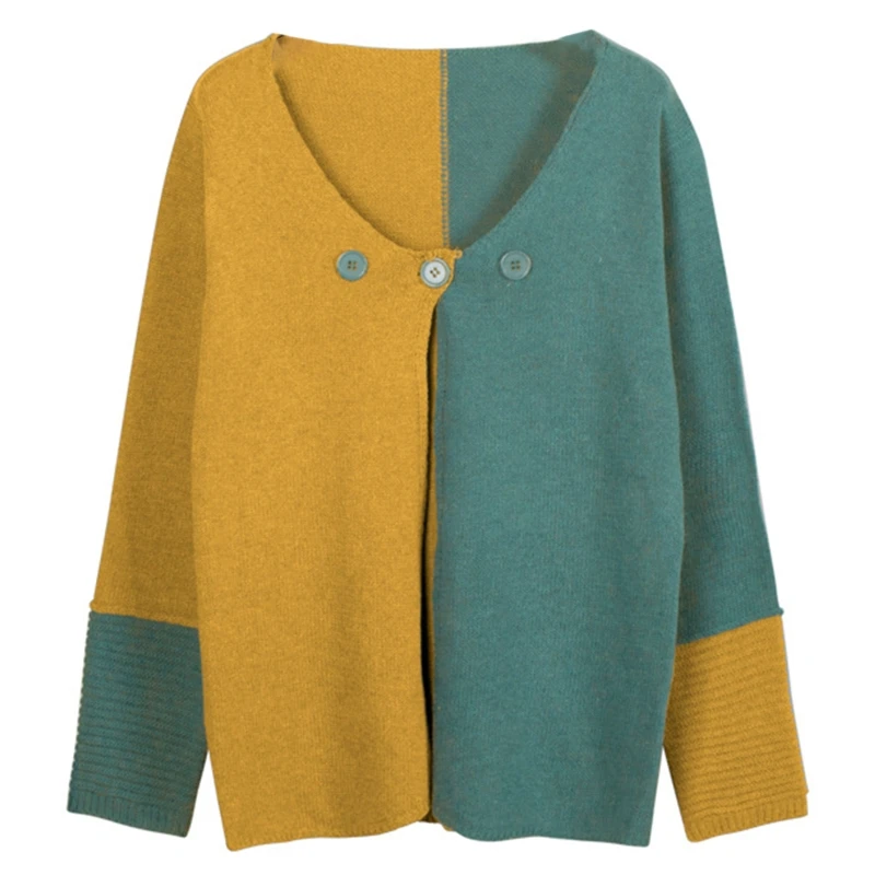 

Women Long Sleeve Knitted Cardigan Color Block V-Neck Button Split Sweater Coat
