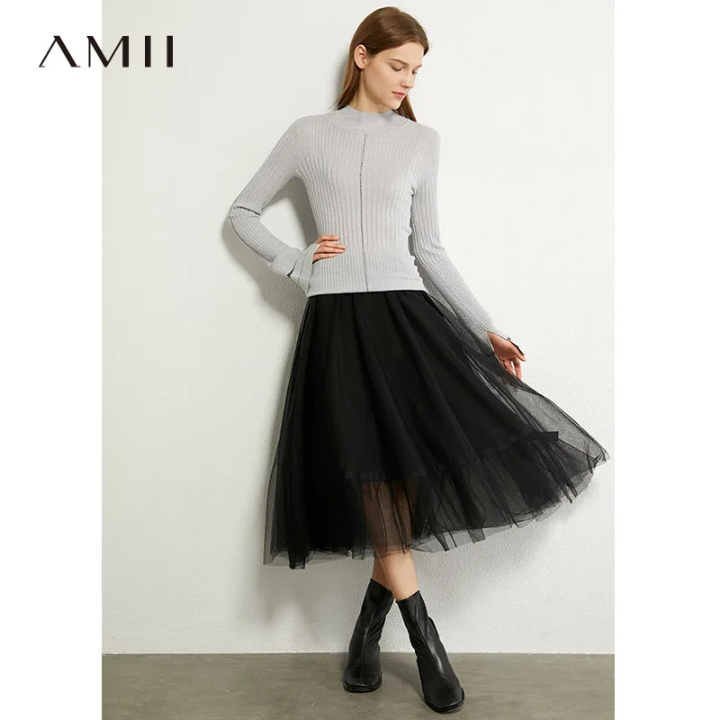 AMII Minimalism Autumn Fashion Women Sweater Causal Solid Stripe Slim Fit Turtleneck Female Pullover Tops 12030382 | Женская одежда