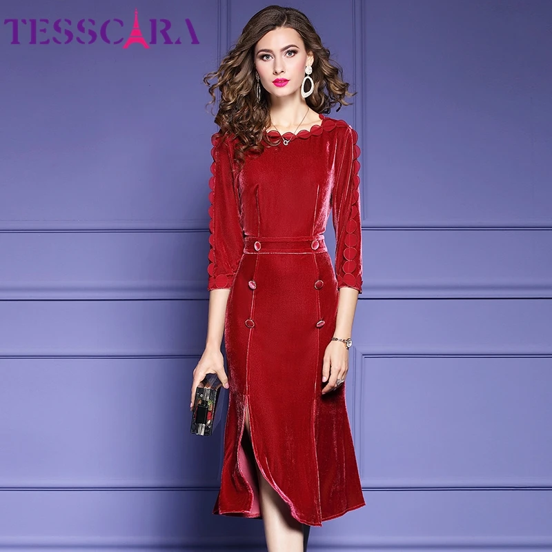 Женское осенне зимнее элегантное бархатное платье TESSCARA высококачественное