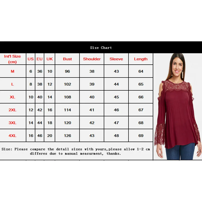 

Women Cold Shoulder Elegant Blouse Long Sleeve Lace Patchwork Casual Summer Tops Blouse
