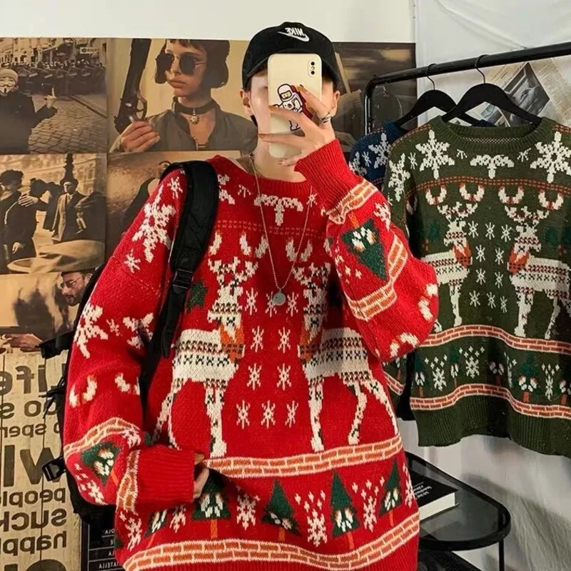

Зима 2021, Рождественский свитер для пар, Повседневные пуловеры с мультяшным рисунком, свободные мужские пуловеры унисекс с круглым вырезом, ...