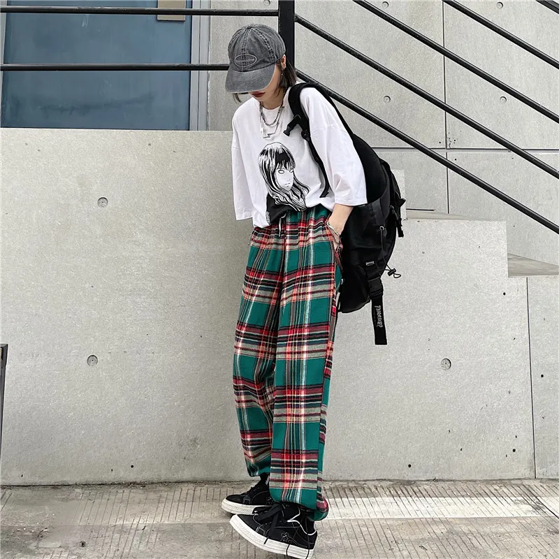 

Summer new style Korean BF Harajuku style retro loose casual plaid pants women