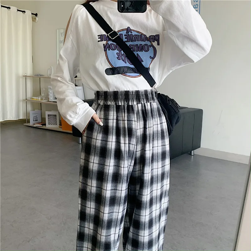 

POUNGDUDU 2021 Plaid Pants For Women Vintage Oversize Pants Wide Leg Drawstring Korean Style Female Casual Streetwear Sweetown