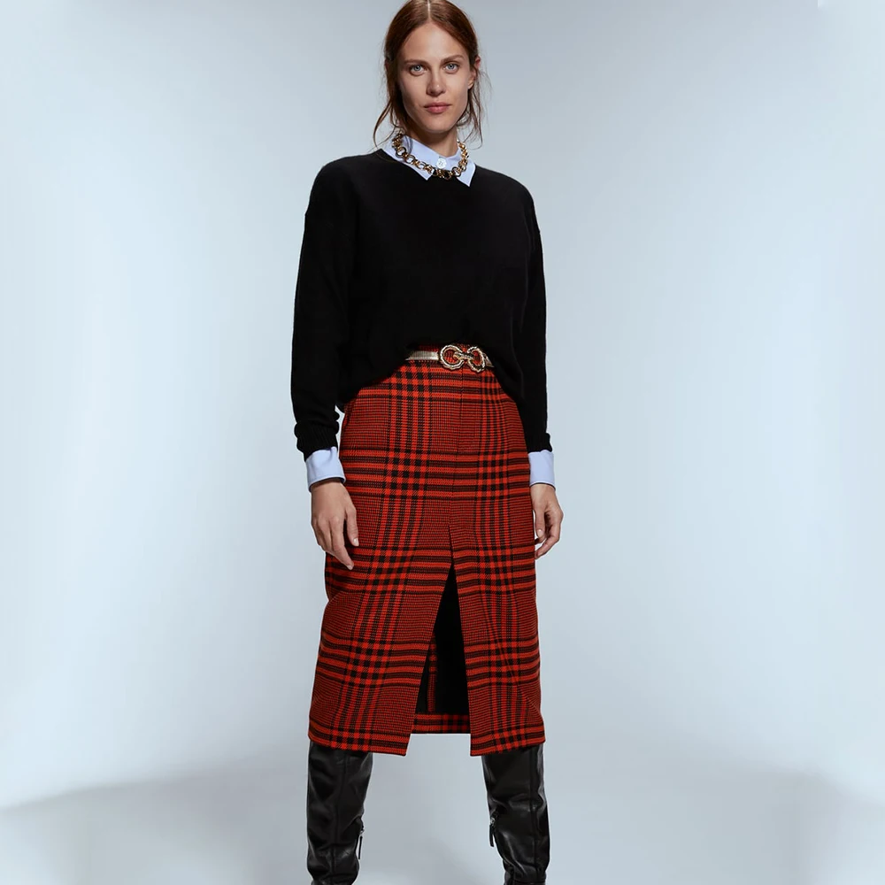 ZA новая трендовая красная клетчатая юбка Женская Осень Зима Высокая талия