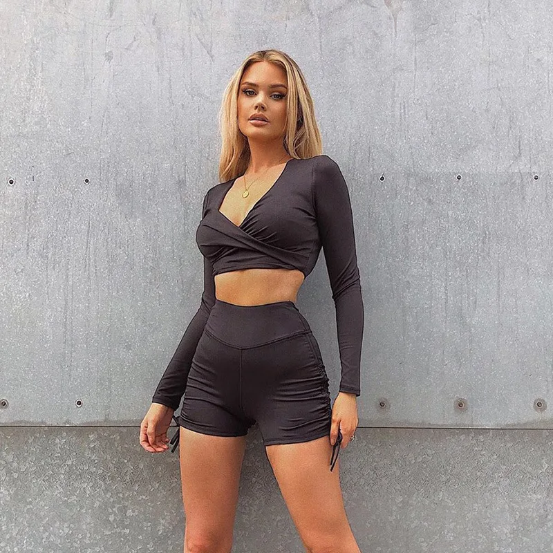 

hirigin Women Two Piece Outfits Set Streetwear Casual Long Sleeve V Neck Crop Top Elastic Waist Drawstring Sport Shorts Suit