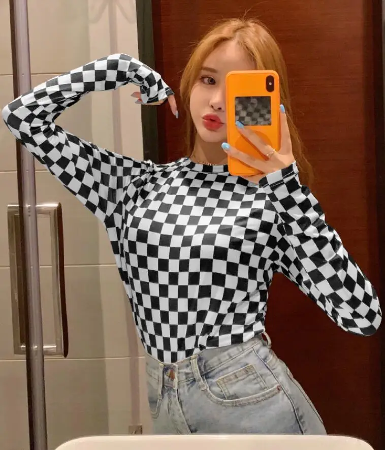 

Black white plaid bottoming women autumn slim thin mesh o-neck long sleeve t-shirt