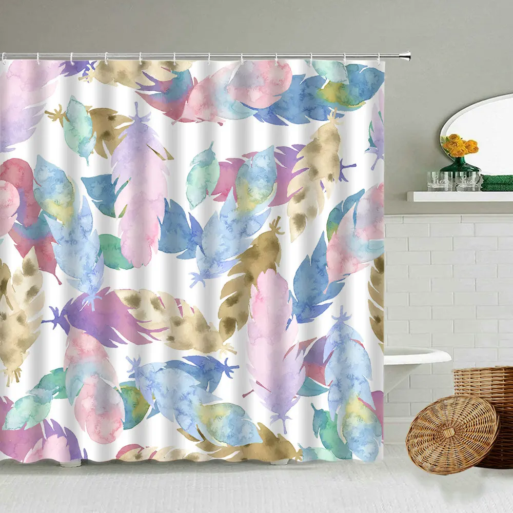 

Water Colors Feather Bathroom Waterproof Fabric Shower Curtains Hand Painted Abstract Printing Seamless Background Screen Set