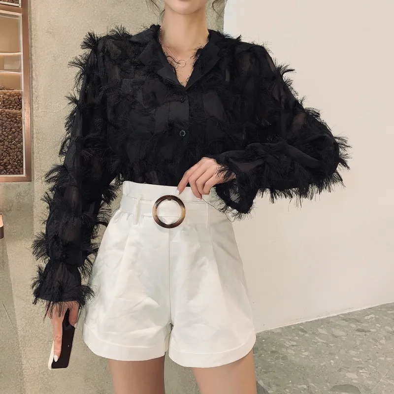 

Loose Suit Collar Feather Tassel Chiffon Shirt New Spring Women Blouses Long Sleeve White Blouse Tops Blusas Para Mujer