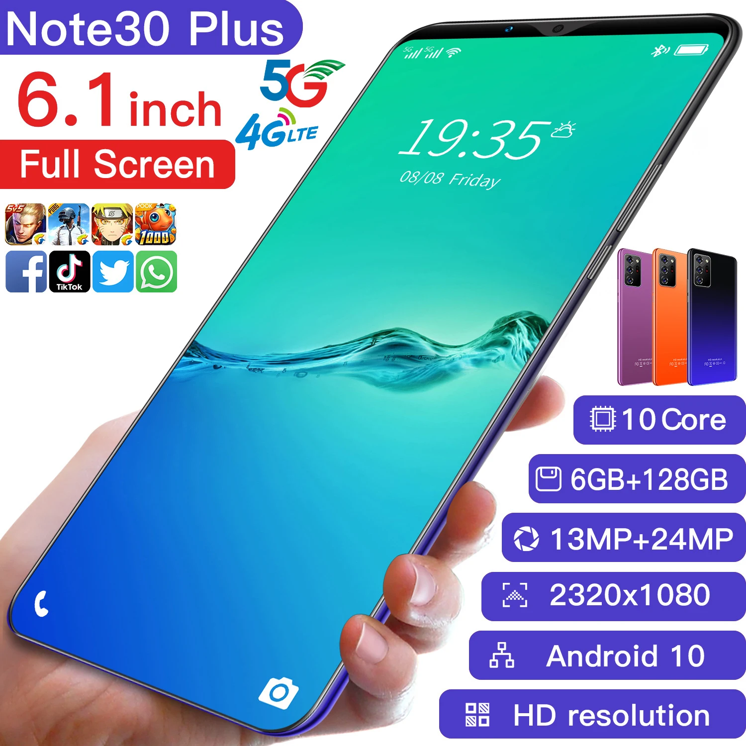 

Смартфон Note30, 6,1 дюйма, 10 ядер, с функцией распознавания лица и отпечатков пальцев