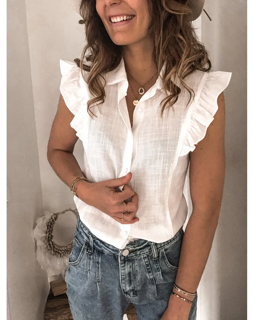 

New Ruffle Blouse Women Button Shirt Female Elegant Sleeveless Fashion Women Blouses 2021 Summer Solid Ladies Streetwear Tops