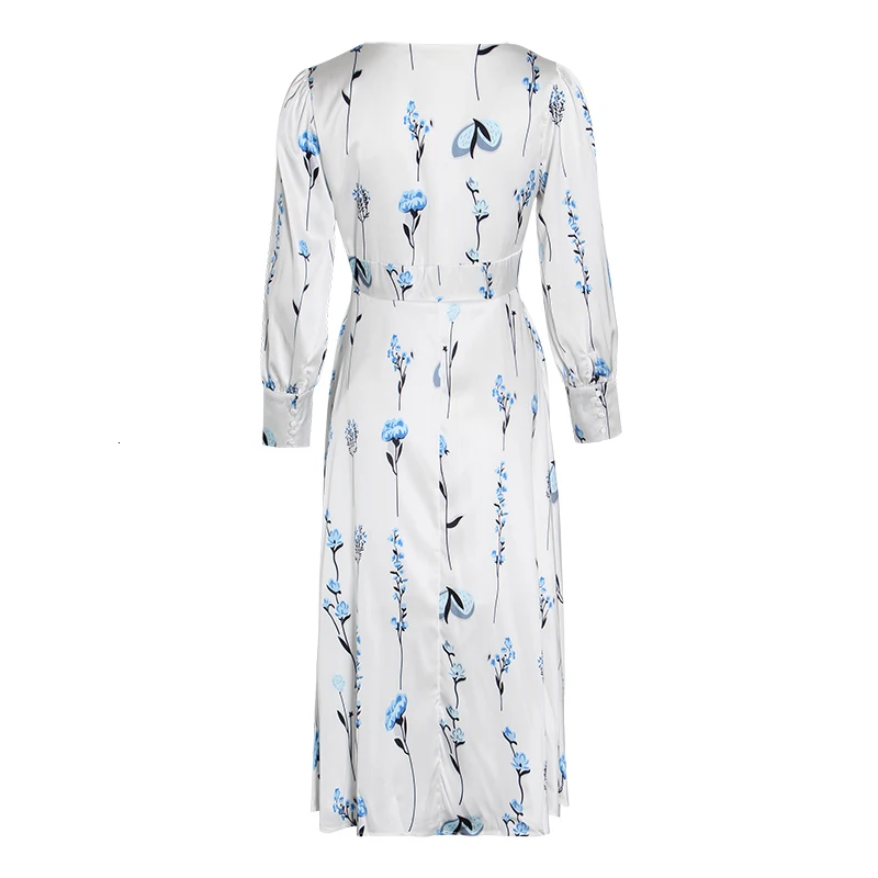 Женское платье CHICEVER белое с принтом треугольным вырезом рукавом фонариком и