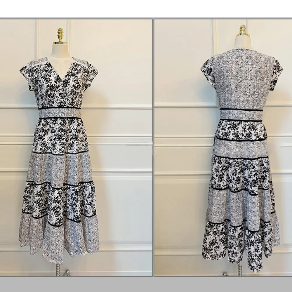 

Women Elegant V Neck Short Sleeve Floral Cocktail Dress Big Swing Long Printed Party Dress Plus Size Robe Grande Taille Femme