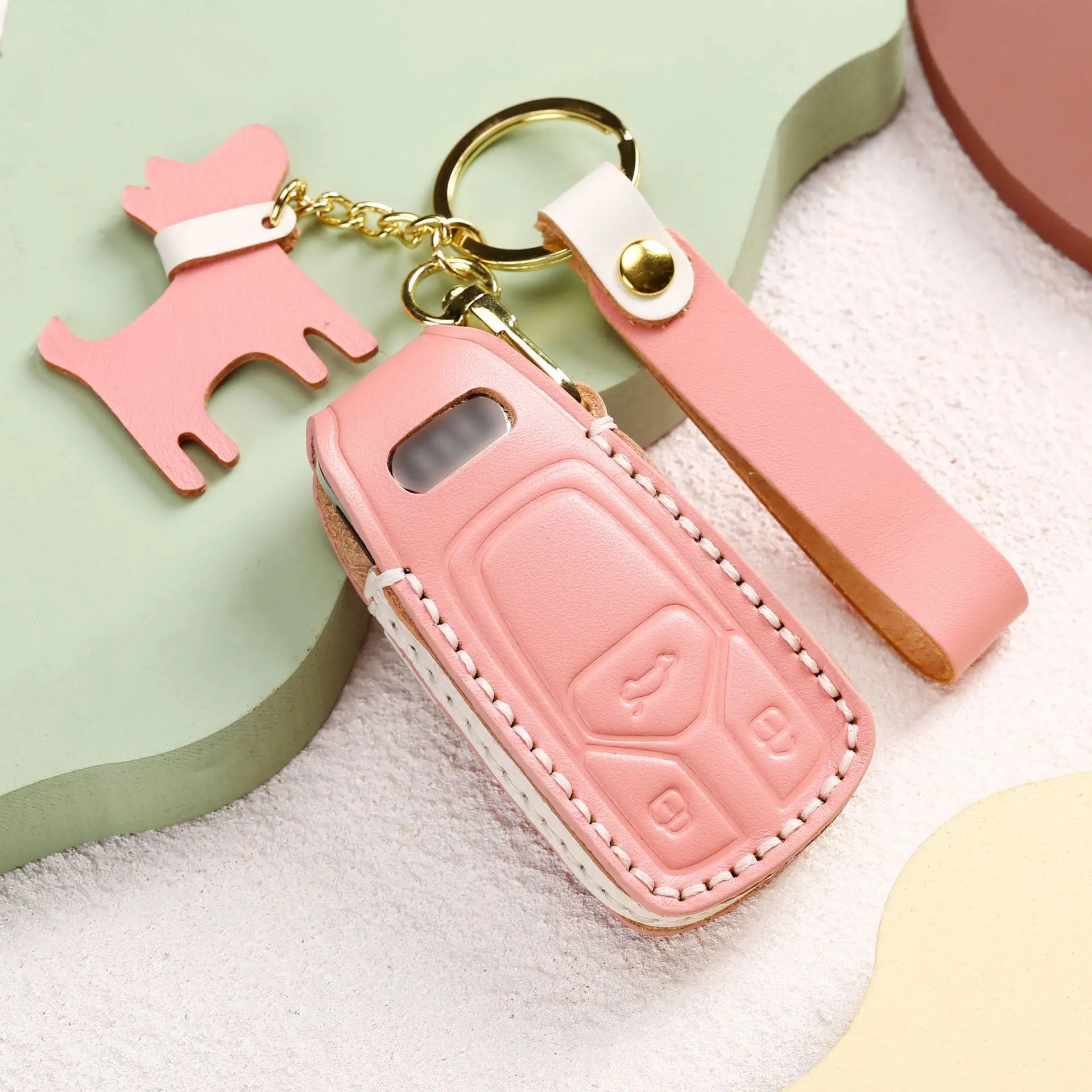 

Genuine Leather Car Key Cover Protector Case Cute Lady Bowknot Macaroon Color Handmade Bag Girl Keychain for AUdi A4L A6L A4 6