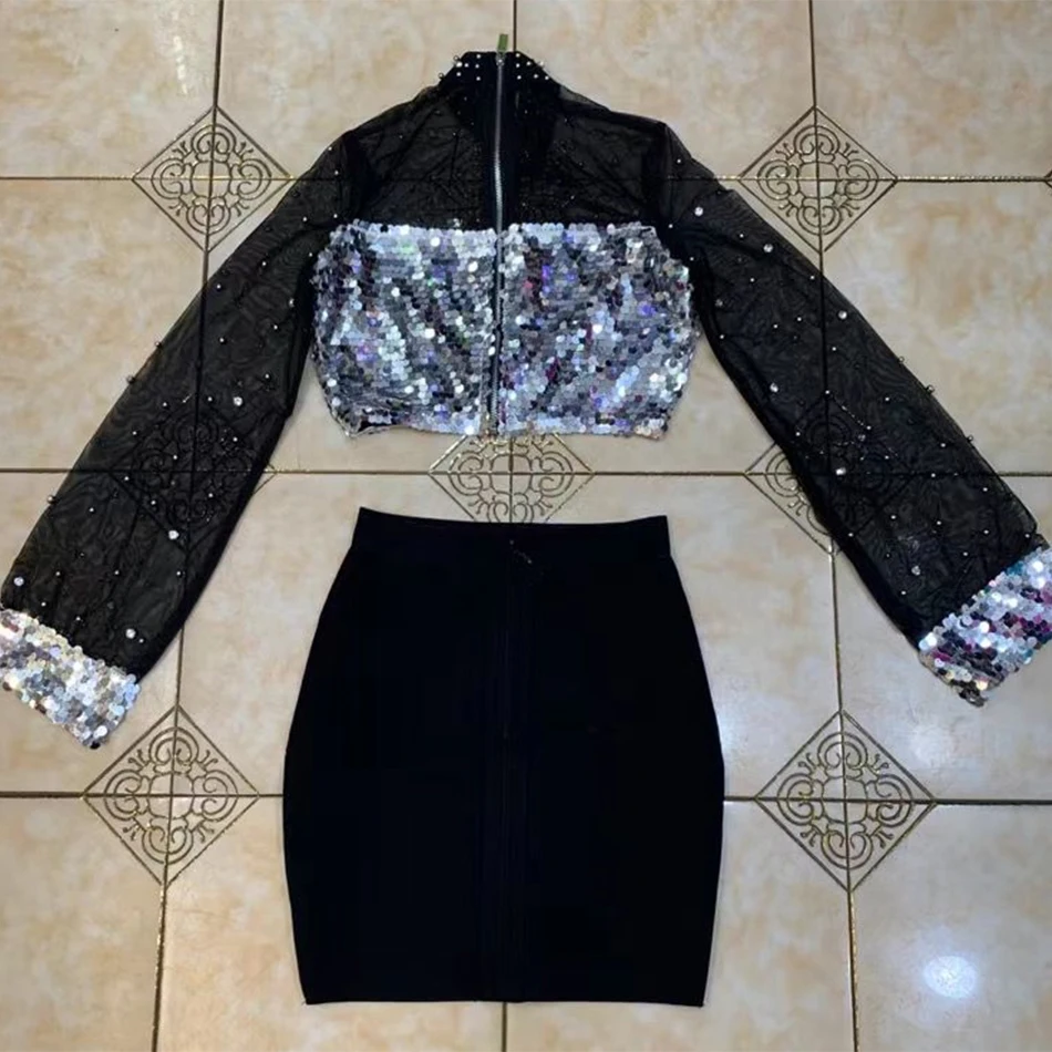 

2021 New Women'S 2-Piece Black Sexy Mesh Lace Beads Sequined Long-Sleeved Top And Mini Bandage Skirt Fashionable Retro Party Set